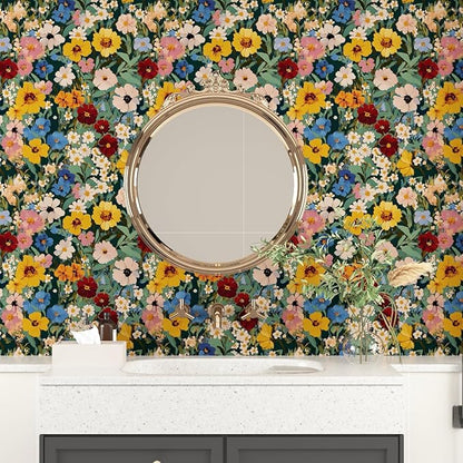 Colorful Floral Peel and Stick Wallpaper Boho Leaf Contact Paper Watercolour Wall Paper for Accent Wall Closet Cabinet Shelf Liner Removable Renter Friendly 17.5 x 393.5In