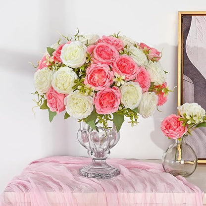 MARTINE MALL 2 Packs Peonies Artificial Flowers, Mixed White Pink Artificial Peonies, Silk Peonies Flowers Fake Peonies Artificial Flowers Peonies Bouquet for Centerpiece Table Wedding Home Decor