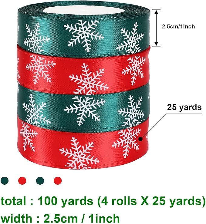 DECYOOL 4 Rolls 100 Yards Christmas Snowflake Ribbons for Gift Wrapping, 25mm Wide Red and Green Satin Ribbon for Festival Holiday Party Decorations DIY Crafts