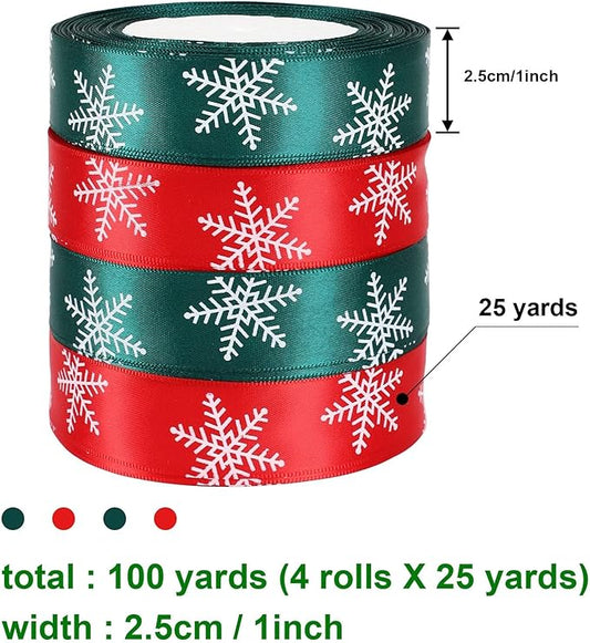 DECYOOL 4 Rolls 100 Yards Christmas Snowflake Ribbons for Gift Wrapping, 25mm Wide Red and Green Satin Ribbon for Festival Holiday Party Decorations DIY Crafts