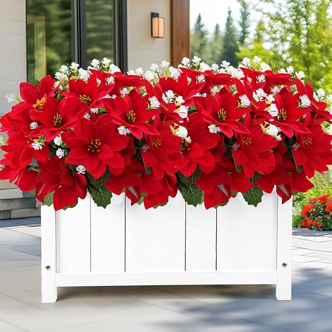 12 Bunches Poinsettias Artificial Christmas Flowers for Outdoors,14'' Fake Red Poinsettias Faux Eucalyptus Plants UV Resistant for Home Planters Garden Porch Christmas Winter Spring Décor