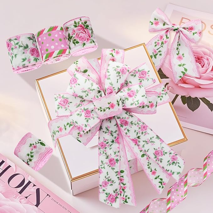 4 Rolls Pink Rose Floral Wired Edge Ribbon – 2.5 Inch, 5 Yards Each, Summer Grosgrain Set for Wedding Decor, Gift Wrapping, DIY Crafts, Mother's Day Gift