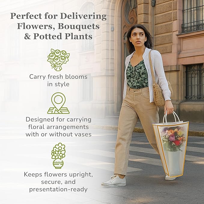 14 Reusable Floral Vase Bag for Bouquets - Portable Flower Bouquet Bags with Ventilation Holes and Ergonomic Handles, Gift-Ready, Tuxedo Gold