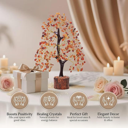 FASHIONZAADI Carnelian Healing Crystal Handmade Bonsai Tree for Positive Energy, Crystal Tree of Life Home and Office Feng Shui Decor, Good Luck, Money, Christmas Decor, Birthday Gifts for Women, Mom