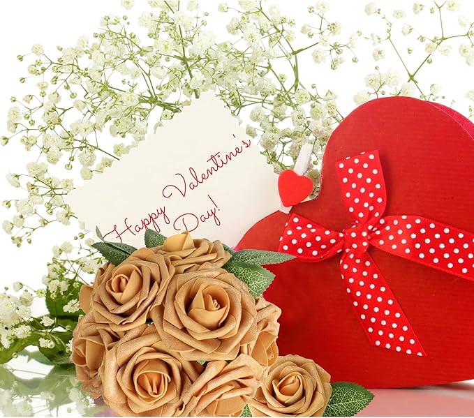AmyHomie Artificial Flower Gold Rose 25pcs Real Looking Fake Roses w/Stem for DIY Wedding Bouquets Centerpieces Arrangements Party Baby Shower Valentines Day Christmas Tree Decorations