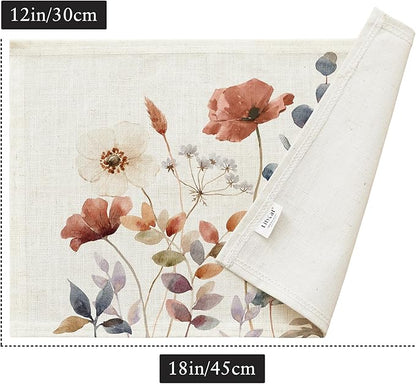 LilyCat Linen Fabric Floral Placemats, Waterproof Durable Boho Dining Table Mats for Kitchen, Rustic Vintage Washable Place Mats Set of 6, 18’’× 12’’