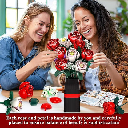Roses Flower Bouquet Building Kit, 841PCS Red Roses Artificial Flowers with Vase, Botanical Collection Forever Rose Toy for Adults, Kids, DIY Gifts for Women, Her, Him Anniversaries