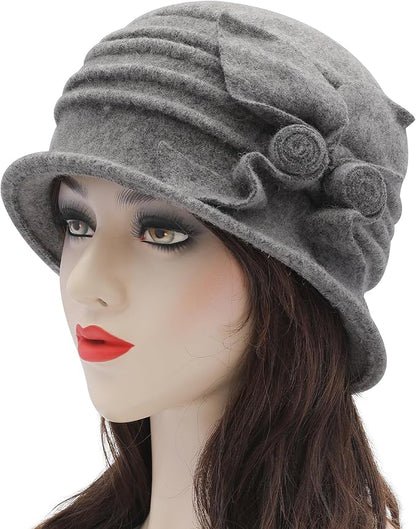 ZLYC Women Wool Cloche Bucket Hat 1920s Vintage Dress Winter Hats with Flower Accent
