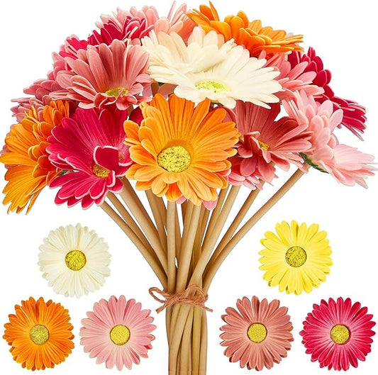 WILLBOND 12 Pieces Artificial Gerbera Daisies Flowers Fake Daisy Faux Boho Daisy Flowers Bouquet 15 in for Boho Birthday Decorations Wedding Home Decor (White,Pink,Yellow,Orange,Rose,Coral)