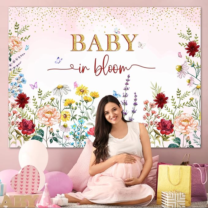 Baby in Bloom Backdrop Wildflower Baby Shower Decorations for Girl,Pink Watercolor Floral Baby in Bloom Baby Shower Party Banner Wild Flower Theme Babyshower Background Photobooth Props 10x7ft