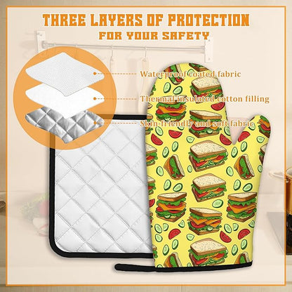 Cute Sandwich Oven Mitts and Pot Holders,Heat Resistant Oven Mitts Gloves and Pot Holder for Home Kitchen Decorations Cooking Baking BBQ Gifts,Set of 4