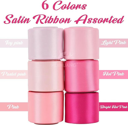 HUIHUANG Pink Ribbon 1-1/2" Satin Ribbon Assorted Pink/Hot Pink Satin Ribbons for Flower Bouquet, Gift Wrapping, Hair Bows Crafts, Wedding Bridal Shower Decor- 6 Rolls, Total 30 Yards