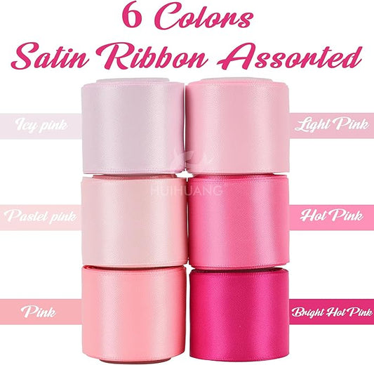 HUIHUANG Pink Ribbon 1-1/2" Satin Ribbon Assorted Pink/Hot Pink Satin Ribbons for Flower Bouquet, Gift Wrapping, Hair Bows Crafts, Wedding Bridal Shower Decor- 6 Rolls, Total 30 Yards