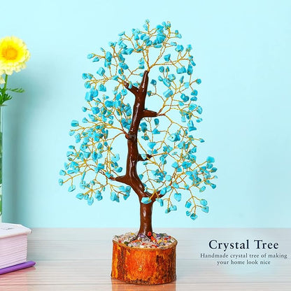 YATHABI Turquoise Crystal Sculpture - Feng Shui Money Tree - Good Luck, Positive Energy - Decorative Desk Accessory