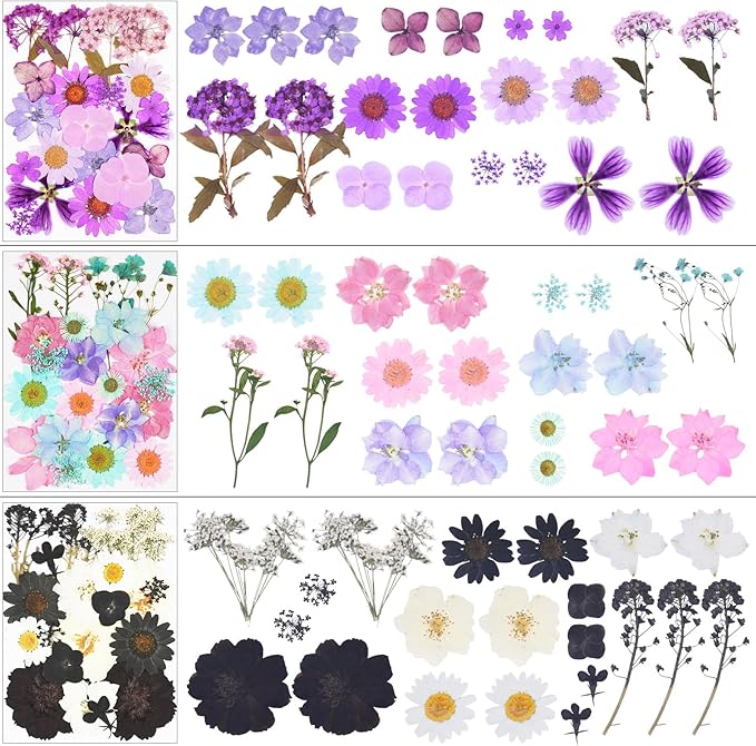 190Pcs Dried Pressed Flowers for Crafts,Xinxinran Dry Flower Kit for Resin Molds,Epoxy Resin Accessories,Bookmark,Nails, Jewelry Molds,Candle Making Supplies,Soap,Frame(Bright Color)