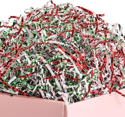 UNIQOOO 1/2 LB Metallic Red Green White Crinkle Cut Paper Shredded Filler, Christmas Peppermint Candy Cane Raffia Tissue Zig, Strands Shred Craft Bedding Cushion,Wedding Birthday Gift Boxes Bag Retail