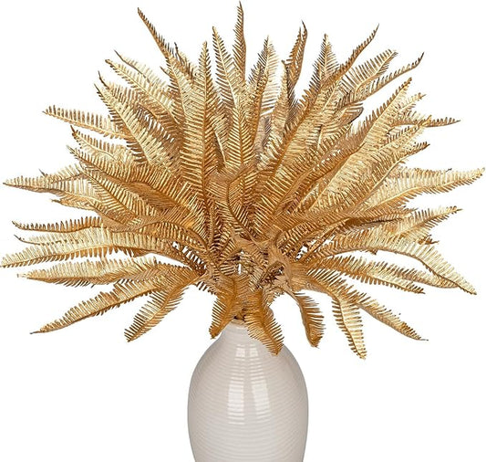 Artificial Gold Ferns Christmas Spray Fake Leave Flower Plant 4 Pcs Faux Floral Boho Decor for Thanksgiving Christmas Wedding Party Bouquet Home Farmhouse Vase Centerpieces