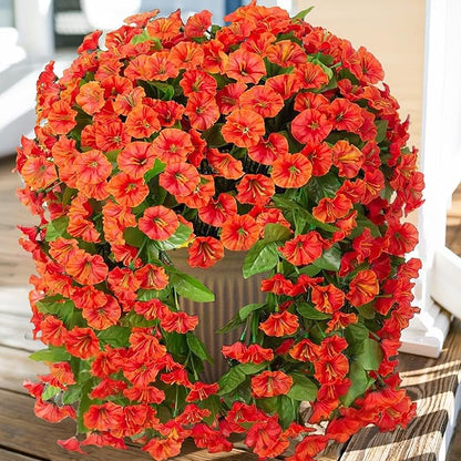 Artificial Fake Fall Hanging Flowers Plants for Outdoor Outside, 2 PCS Faux Silk Orange Morning Glory Trailing Vines Look Real UV Resistant for Autumn Porch Planter Patio Decor