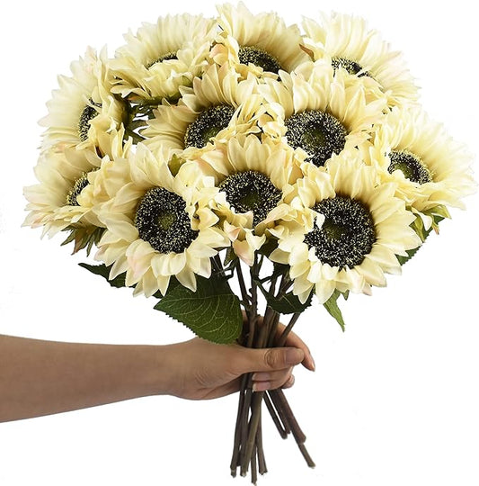 White Artificial Sunflower Flowers 8 Pcs Single Long Stem Silk Fake Sunflowers Bridal Wedding Bouquet Fake Yellow Flower Arrangements for Outdoor