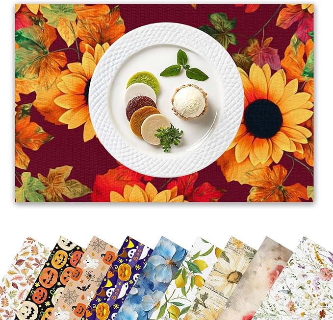 Placemats Set of 4 Waterproof Oilproof Table Mats Vintage Sunflower Pattern Washable Wipeable Heat Resistant Easy to Clean for Indoor Outdoor Party Kitchen Dining Table Decoration 12 * 18in