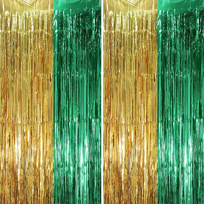 2 Pack Green and Gold Foil Fringe Backdrop Curtains, Tinsel Streamers Party Decorations, Fringe Backdrop, Door Shimmer for Graduation or Birthday Party