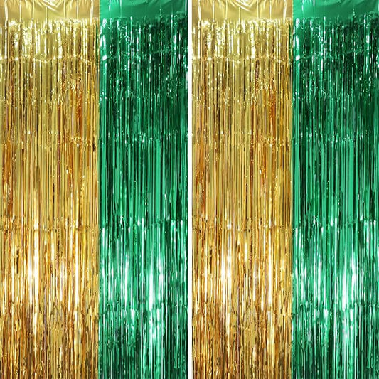 2 Pack Green and Gold Foil Fringe Backdrop Curtains, Tinsel Streamers Party Decorations, Fringe Backdrop, Door Shimmer for Graduation or Birthday Party