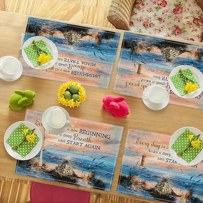 Sea Turtle Beach Summer Placemats Set of 6 Coastal Lighthouse Nautical Inspirational Quotes Double-Sided Table Mats for Dining Room Home Party Indoor 6 PCS 12x18 Inch