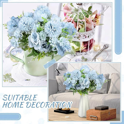 Lyrow 8 Pcs Peony Artificial Flowers Fake Silk Hydrangea Bouquet Elegant Peony Flowers for Wedding Decoration Faux Realistic Floral for Home Party Table Centerpieces Arrangement (Blue)