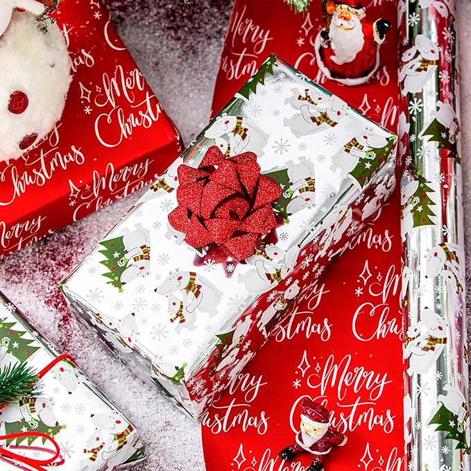 MAYPLUSS Christmas Wrapping Paper Roll - 17 Inch X 33 Feet - Silver Gift Wrapping Paper Christmas Tree Polar Bear Snowflake Reversible Red for Holiday Party New Year Kids