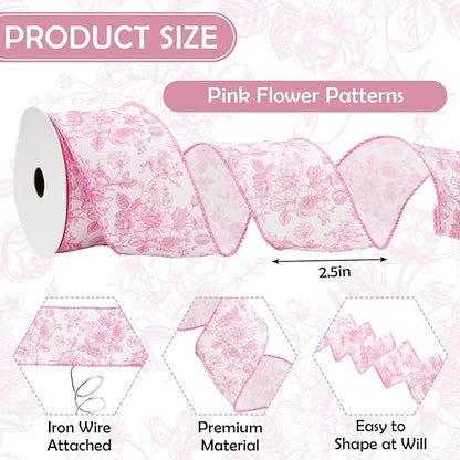 Floral Wired Edge Ribbon Roll Pink Flower Ribbon Chinoiserie Fabric Ribbon for Wreath Bow Making DIY Crafts Gift Wrapping, 12 Yard