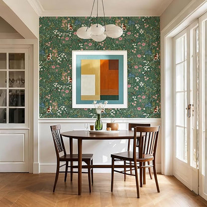 Heroad Floral Peel and Stick Wallpaper Green Wallpaper Boho French Country Contact Paper Vintage Cat Birds Removable Self-Adhesive Wall Paper for Bedroom Kitchen Cabinets Decoration Vinyl 17.3”x393”