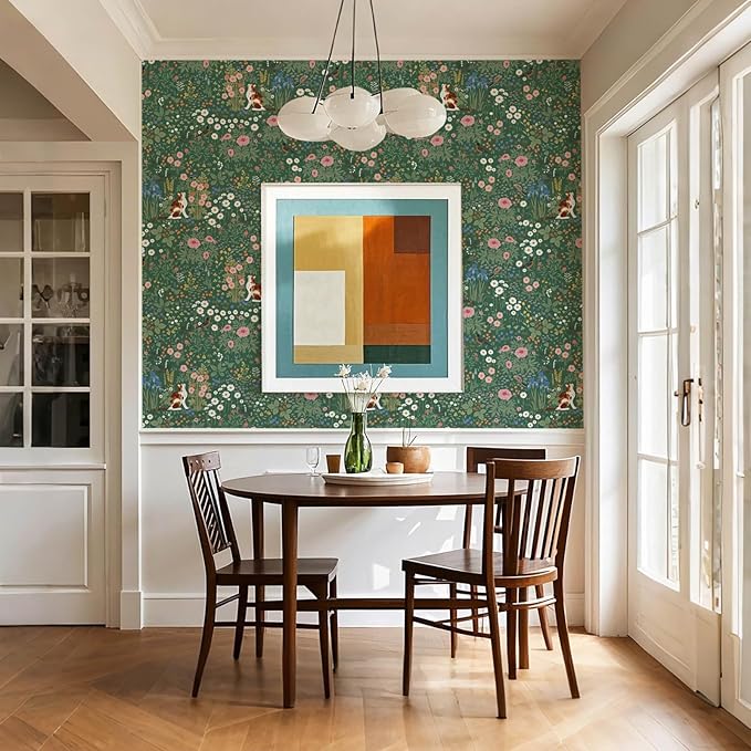 Heroad Floral Peel and Stick Wallpaper Green Wallpaper Boho French Country Contact Paper Vintage Cat Birds Removable Self-Adhesive Wall Paper for Bedroom Kitchen Cabinets Decoration Vinyl 17.3”x78.7”