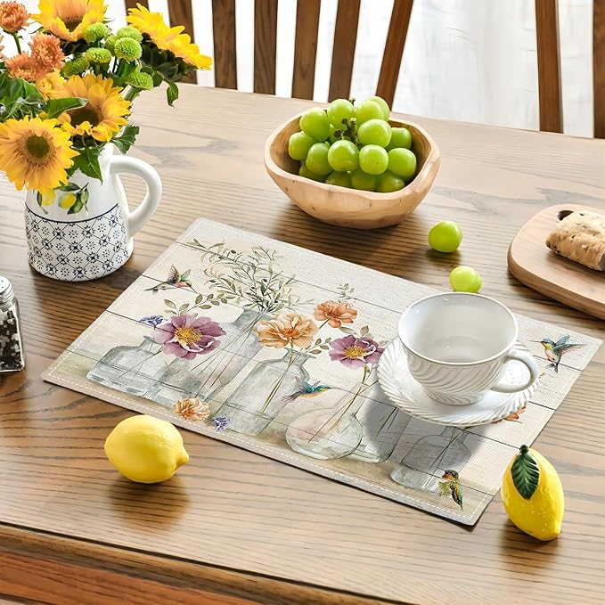 Floral Placemats Set of 4 Flower Hummingbird Table Mats Washable Place Mats for Home Party Indoor Kitchen Dining Table Decoration 12x18 Inch