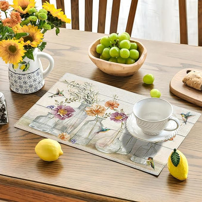 Floral Placemats Set of 6 Flower Hummingbird Table Mats Washable Place Mats for Home Party Indoor Kitchen Dining Table Decoration 12x18 Inch