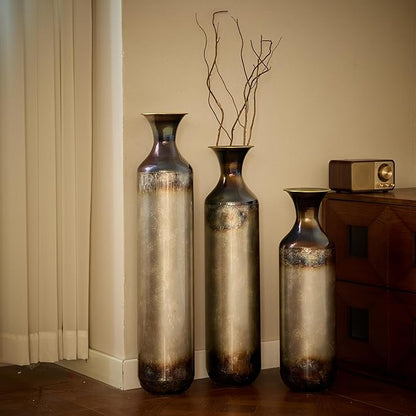 Metal Tall Floor Vases Set of 3, Hand-Forged Burnt Finish Rustic Floor Vase for Home Decor, 28.34 24.4 20.4 Inch Tall Decorative Vases for Farmhouse Industrial Living Room