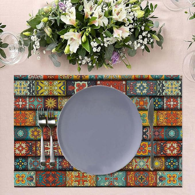 Placemats Set of 4 Vintage Floral and Mandala Dining Place Mats Linen Table Mat for Farmhouse Home Kitchen Decor 12 X 18 Inch