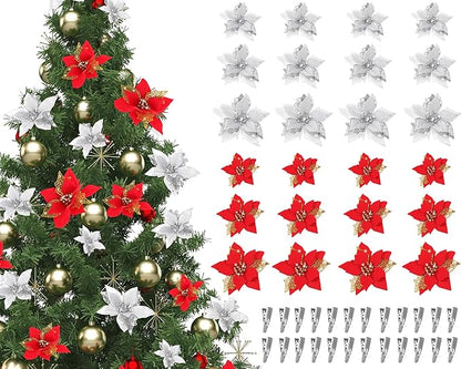 Boao 24 Pieces Christmas Artificial Glitter Poinsettia Flowers Xmas Flowers Wedding Christmas Tree New Year Ornaments(Red and Silver)