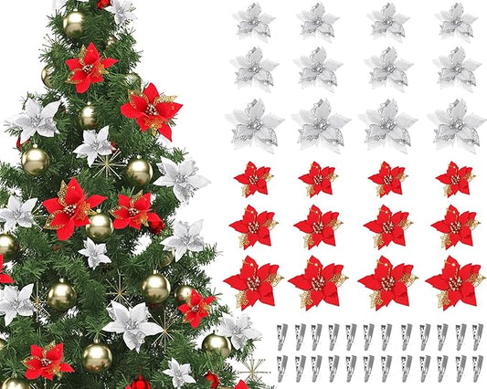 Boao 24 Pieces Christmas Artificial Glitter Poinsettia Flowers Xmas Flowers Wedding Christmas Tree New Year Ornaments(Red and Silver)