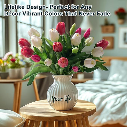 20PCS Fake Tulips Artificial Tulip Silk Flowers Fake PU Bouquet Artificial Flowers Faux Flowers with Gift Box Soft Faux Tulips Bouquets Arrangements for Party Wedding Home