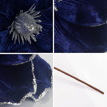 KI Store Blue Velvet Magnolia Flowers Pack of 6 Oversize Artificial Christmas Poinsettia Floral Picks Stems for Xmas Tree Wedding Centerpiece Decorations
