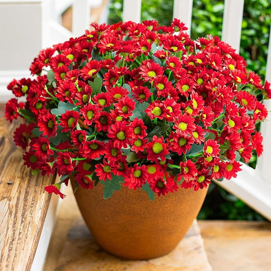 Daisy Artificial Flowers for Outdoors Fall Autumn Decoration, 6 Bundles Fake Mums Red Silk Flowers for Outside Look Real UV Resistant Fake Plants Faux Flowers for Planter Front Door Home Indoor Porch