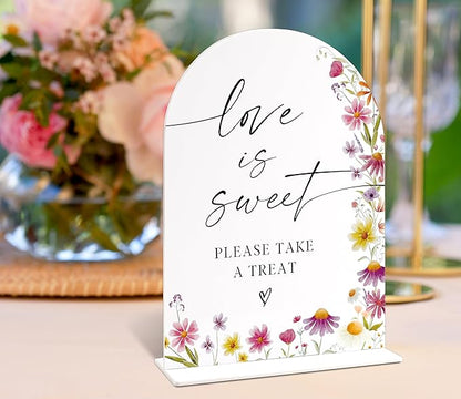 Love Is Sweet Dessert Table Sign, Wild Flower Arch Acrylic Wedding Signs for Reception, Floral Bridal Shower Engagement Party Decor for Baby In Bloom Baby Shower Decorations