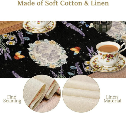 Boho Floral Table Runner, Spring Gothic Moon Phase Wildflower Mystical Witchy Farmhouse Coffee Table Center Decor for Home Kitchen Dining Patio Holiday Party Table Decorations 13x72 inches