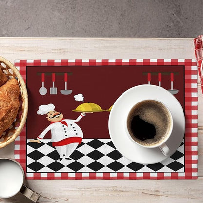 Fat Chef Kitchen Linen Placemats Set of 4 Red Plaid Cooking Theme Placemats for Indoor Outdoor Party Home Desktop Dining Room Decor 12x18 Inch
