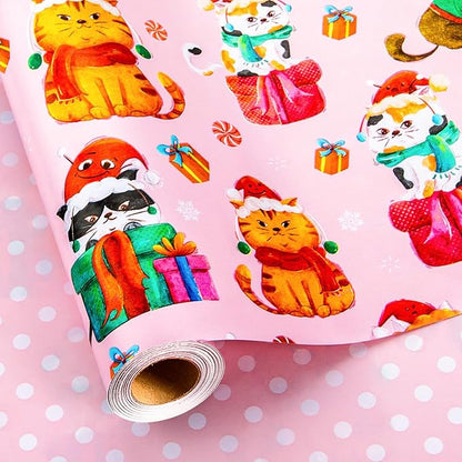 MAYPLUSS Christmas Wrapping Paper Roll - 17 Inch X 33 Feet - Pink Cute Cat Christmas Hat Reversible Polka Dot Gift Wrapping Paper, Thick Wrap Paper for Holiday Party New Year Kids