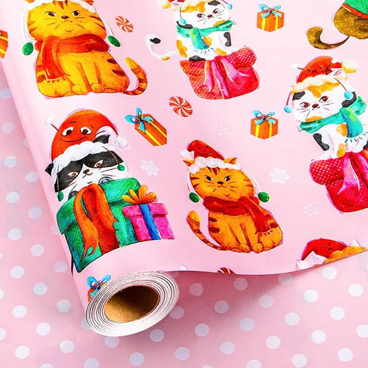 MAYPLUSS Christmas Wrapping Paper Roll - 17 Inch X 33 Feet - Pink Cute Cat Christmas Hat Reversible Polka Dot Gift Wrapping Paper, Thick Wrap Paper for Holiday Party New Year Kids