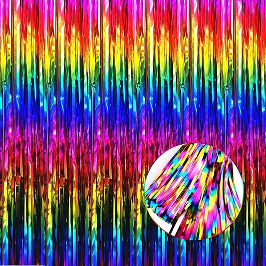 4 Pack Rainbow Tinsel Foil Fringe Curtain Backdrop, 3.28Ft x 8.2Ft Colorful Metallic Streamers for Photo Booth Props Wedding Bridal Shower Bachelorette Birthday Halloween Christmas Party Decoration