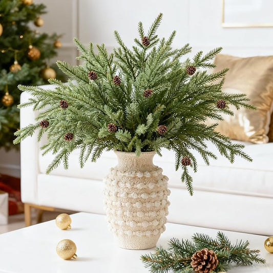 DN DECONATION Artificial Christmas Norfolk Pine Stems, Faux Pine Branches with Cones 35.4" 6PCS - Greenery Fake Pine Needles for Vase Arrangements, Winter, Holiday Indoor Outdoor Home Decor