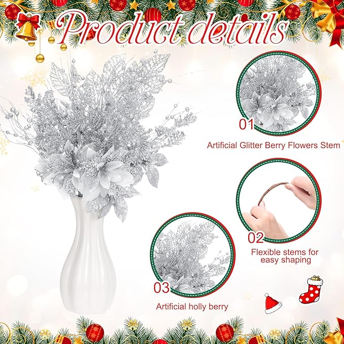 18 Pack 3 Styles 17 Inch Christmas Glitter Poinsettia Berry Stems Ornaments Artificial Floral Branches Picks for Christmas Tree Home Vase Holiday Party Decor(Silver)