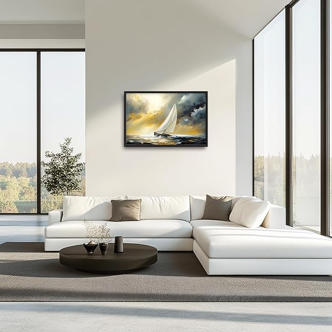 Ocean Sailboat Large Wall Art Framed Wall Decor for Living Room Abstract Boat Pictures Oversized Canvas Print Painting Modern Extra Large Artwork for Bedroom Office Home Decor 36"x24"